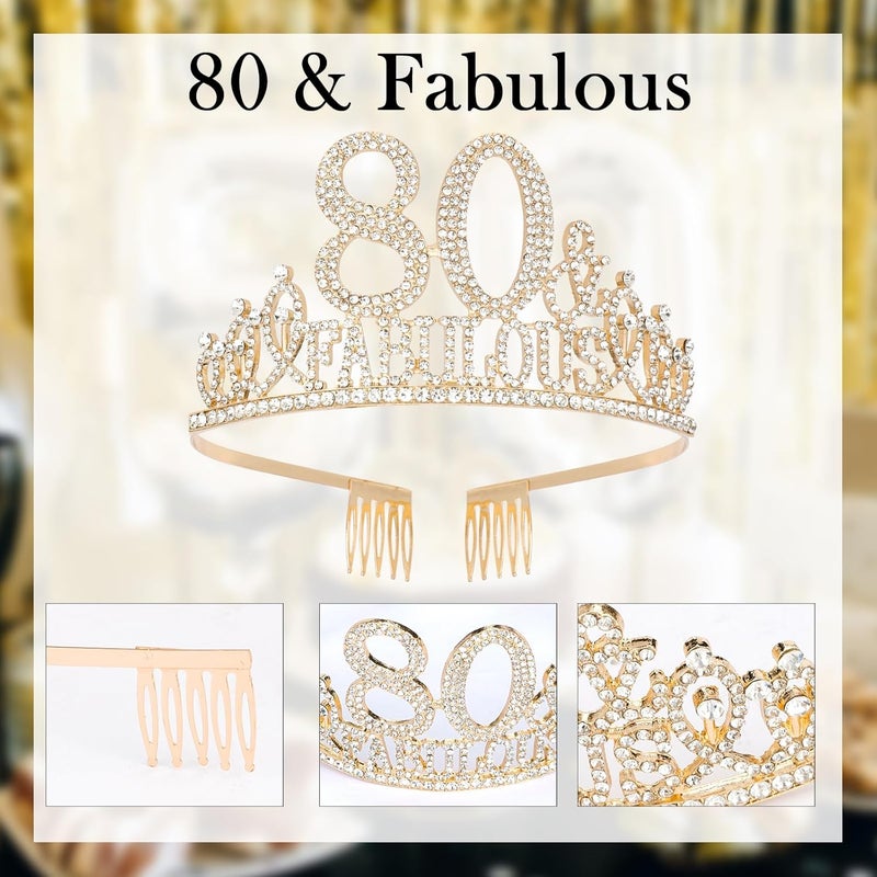 Hapdoo Gold 80th Birthday Tiara & Sash Set, Happy 80th - Fabulous Decorations - Image 5